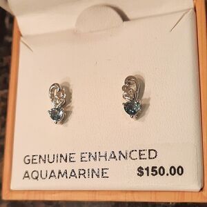 NWT Genuine Enhanced Aquamarine and Lab Created Diamond Stud Earrings